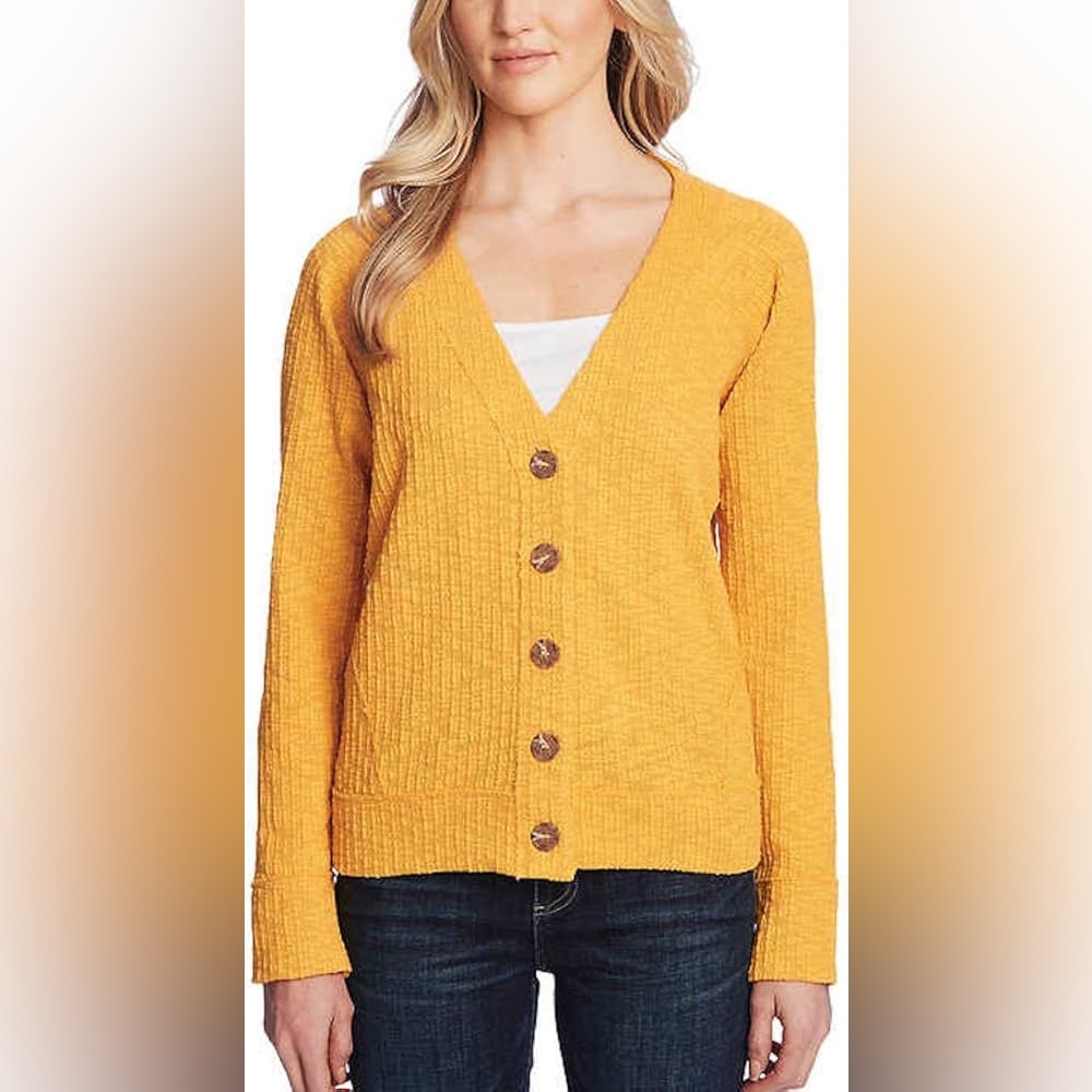 Vince Camuto Mustard yellow distressed Button-Up Cardigan